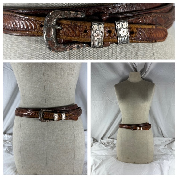 Vintage 4 piece sterling tan western tooled leather belt small - Picture 2 of 13